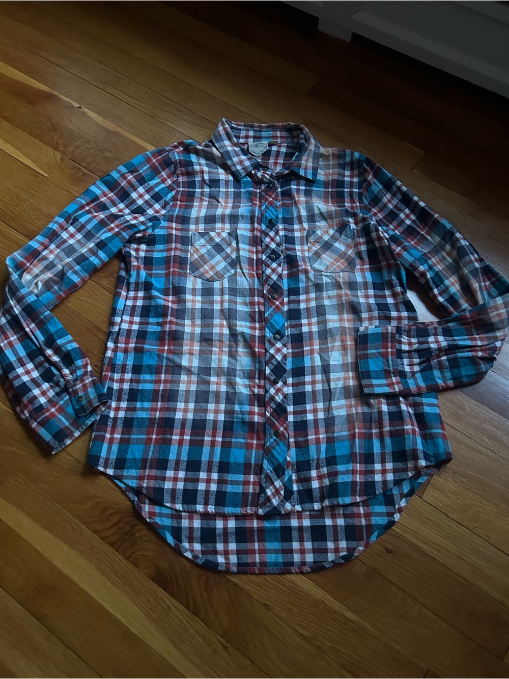 Blue, Red and White Plaid Button-Up Shirt